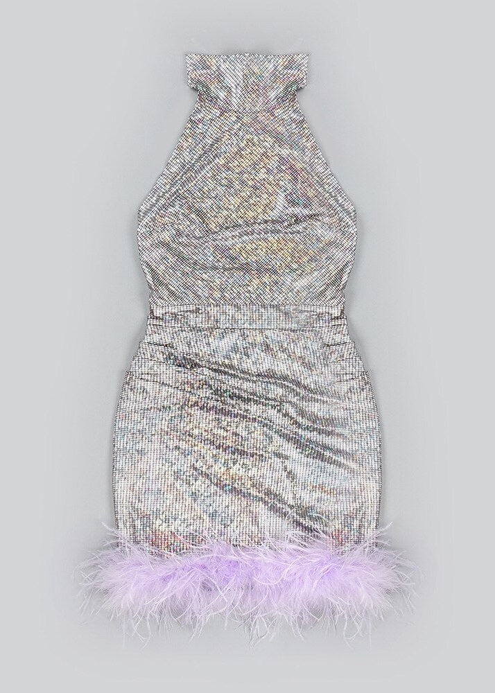 Halterneck Feather Trimmed Mini Dress