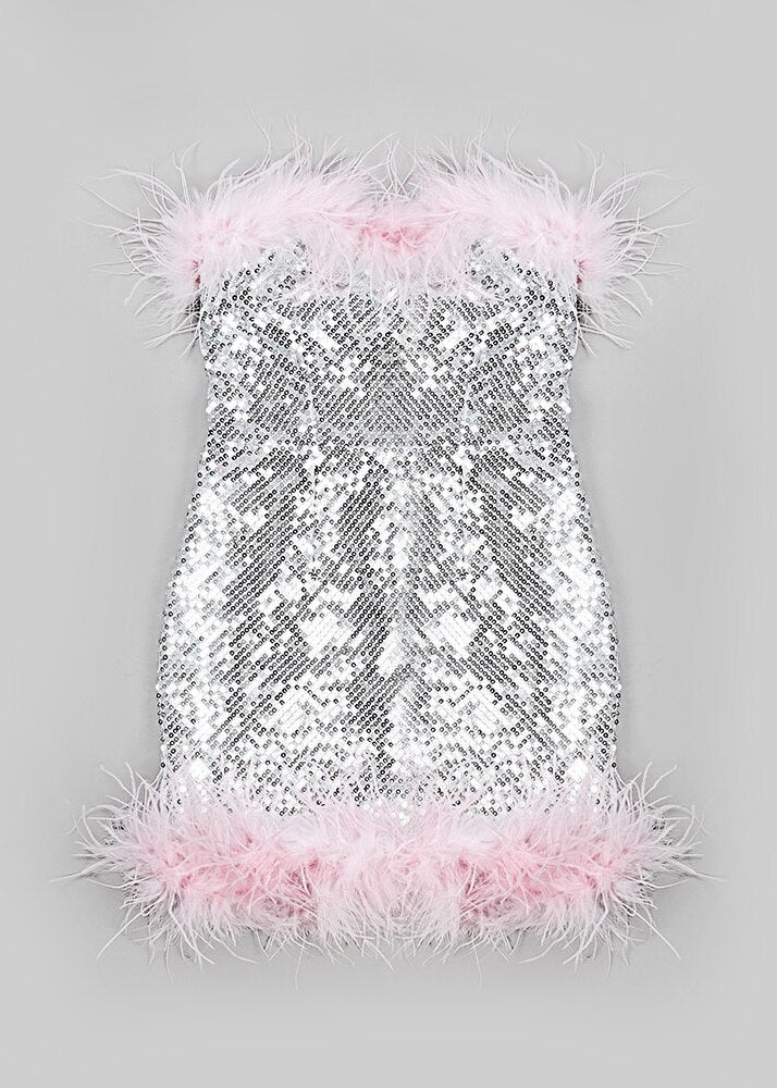 Strapless Sequin Feather Trimmed Mini Dress