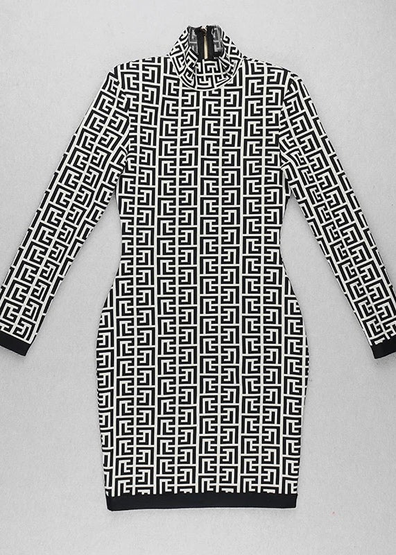 Geometric Print Long Sleeve Bodycon Dress