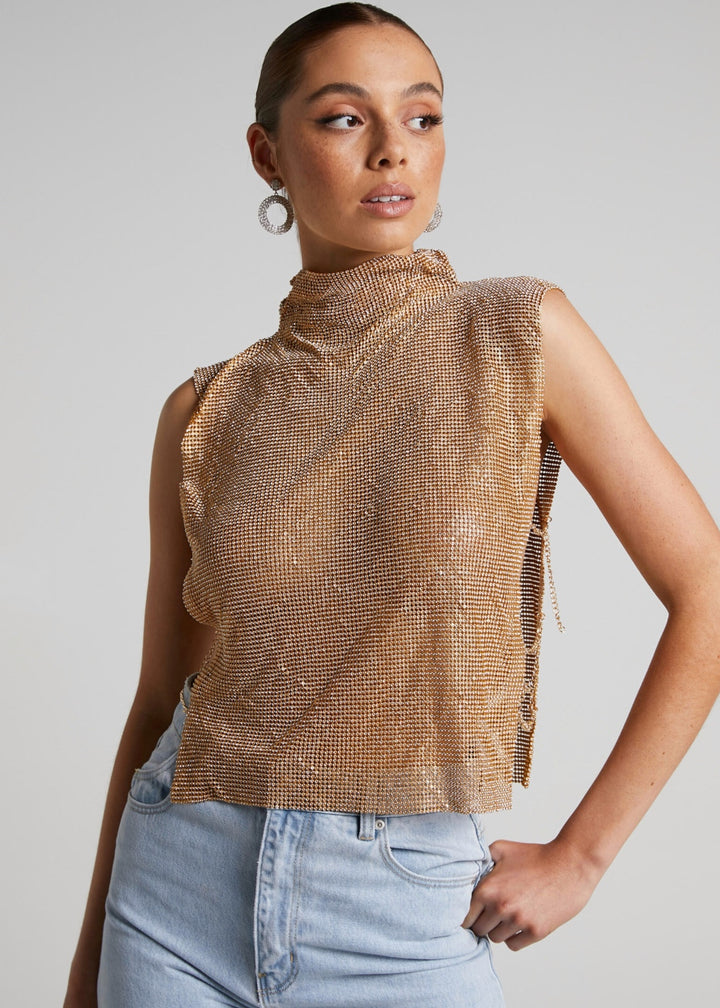 Turtleneck Rhinestones Side Chain Vest Top