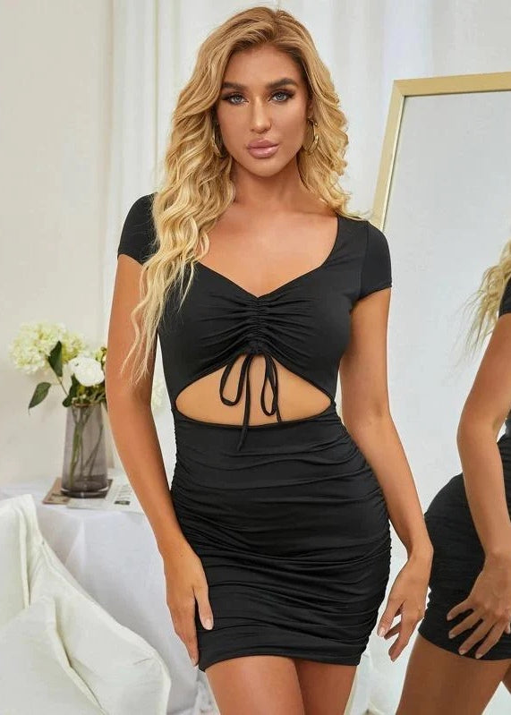 Ruched Drawstring Knot Cut-Out Bodycon Dress