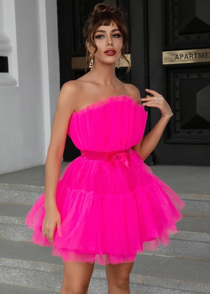Bow Front Layered Tulle Cocktail Dress
