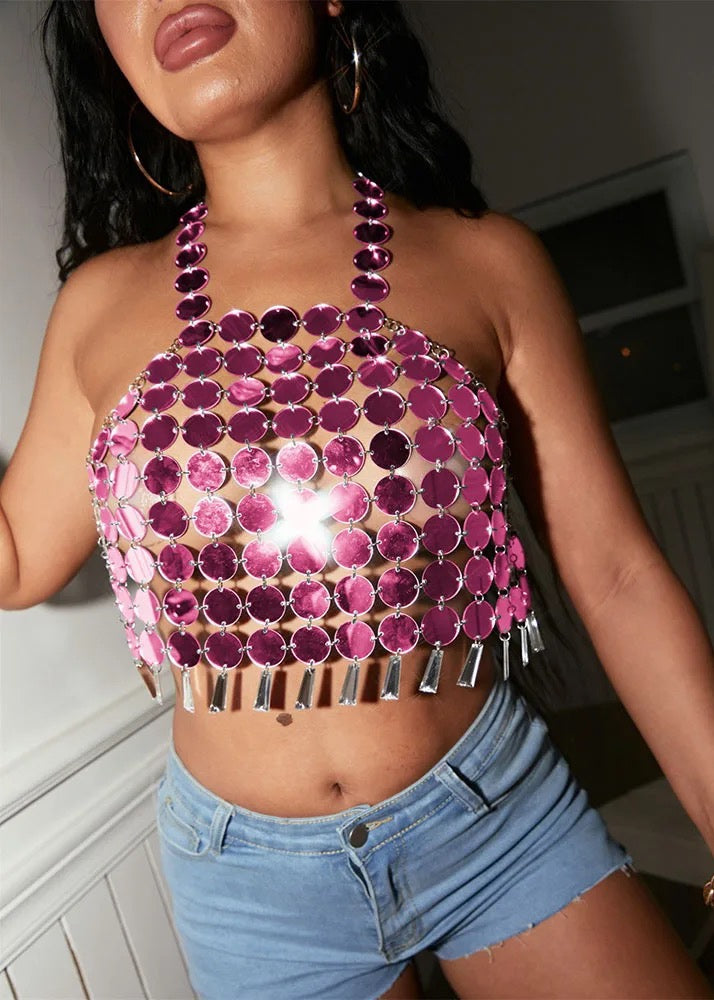 Halter Backless Chainmail Metallic Crop Top