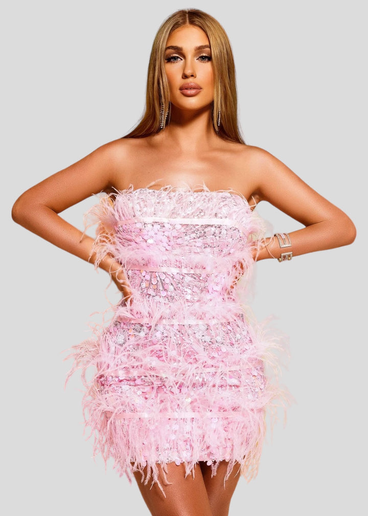 Strapless Feathers & Sequins Mini Party Dress