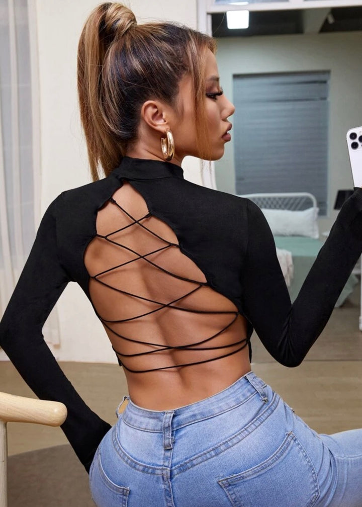 Lace Up Back Mock Neck Crop Tee
